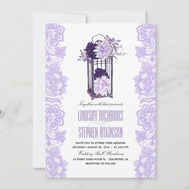 Invitación Lavanda y flores moradas Boda de linternas (Anverso)