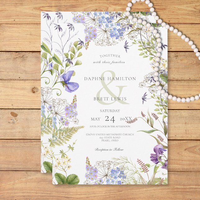 Invitación Lavanda y flores silvestres rusas blancas (Rustic Lavender & Sage Wildflowers White Invitation)
