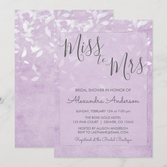 Invitación Lavanda y Miss Blanca a la Sra. Bridal Shower (Anverso / Reverso)