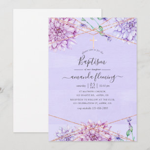 Invitación Lavanda y Oro Floral Geométrico Bautizo