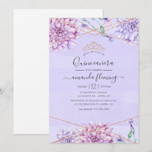 Invitación Lavanda y Oro Floral Geométrico Quinceañera