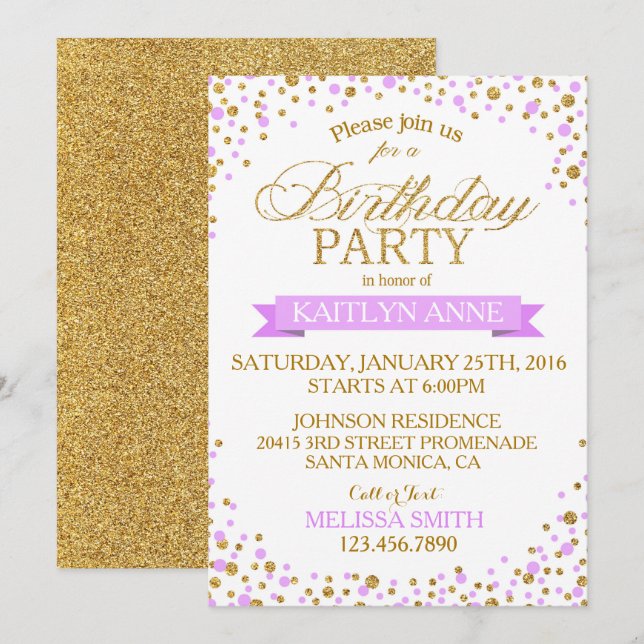 Invitación Lavanda y Purpurinas dorados Cumpleaños (Anverso / Reverso)