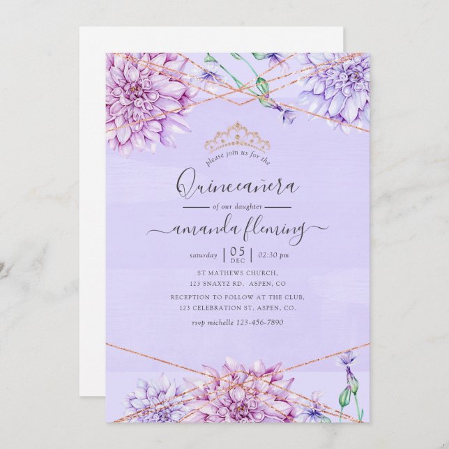 Invitación Lavanda y Quinceañera Geométrica Floral de Oro (Anverso / Reverso)