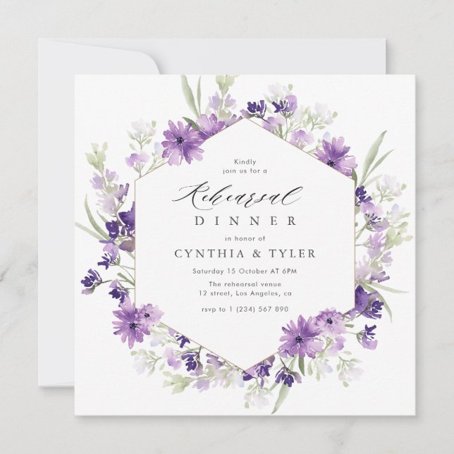 Invitación lavanda y vegetación acuarela ensayo floral (Anverso)