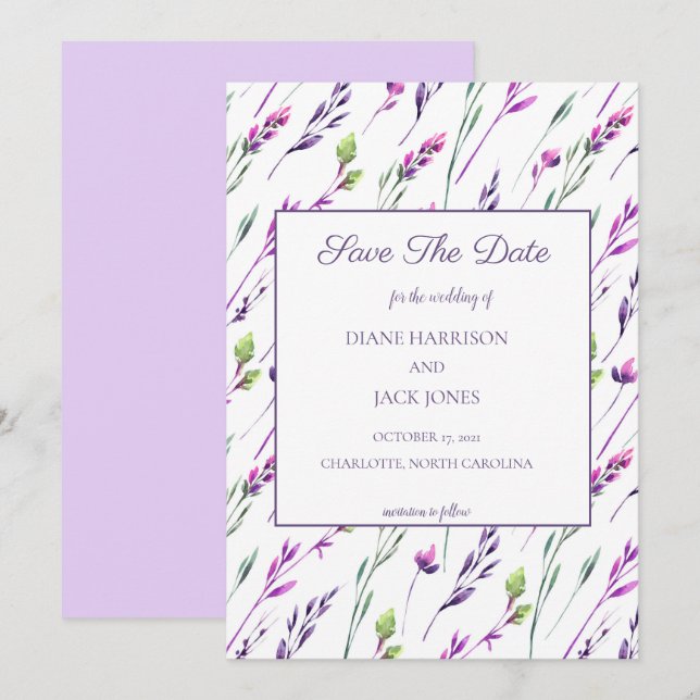 Invitación Lavanda y Verde Acuarela Guardar la Fecha Boda (Anverso / Reverso)
