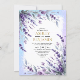 Invitación Lavandas Y Azul Elegante Floral Acuarela