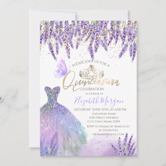 Invitación Lavander,Luces de cuerda,Vestido Purpurina Quincea (Anverso)