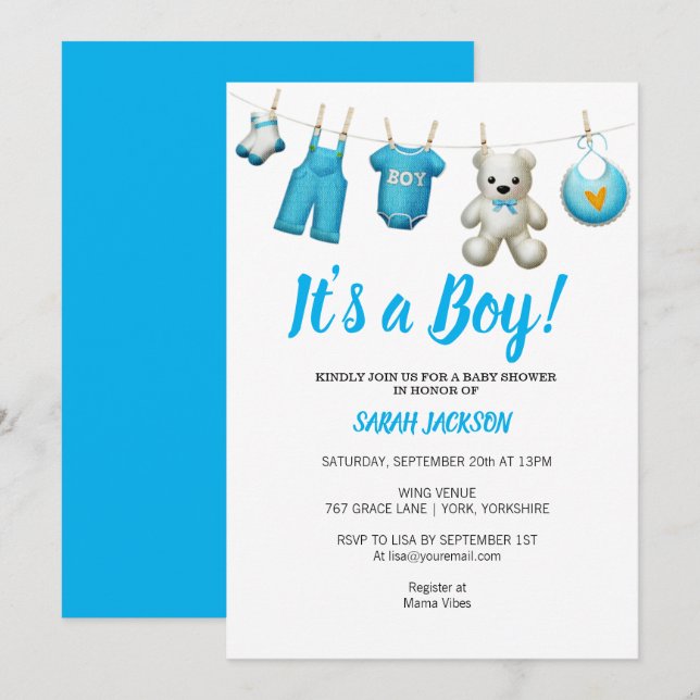 Invitación Lavandería azul moderna Es un niño Baby Shower (Anverso / Reverso)