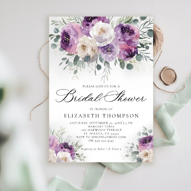 Invitación Lavandería de maleza morada Eucalyptus Moda Ducha  (rustic purple bridal shower invitation watercolor elegant floral eucalyptus lavender mauve barn)