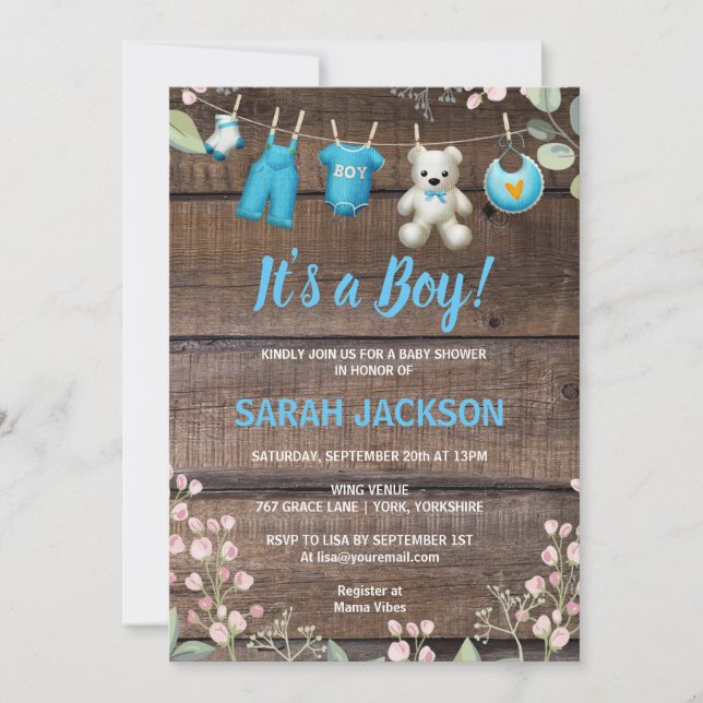 Invitación Lavandería Rustic Wood Floral Es un niño Baby Show (Anverso)