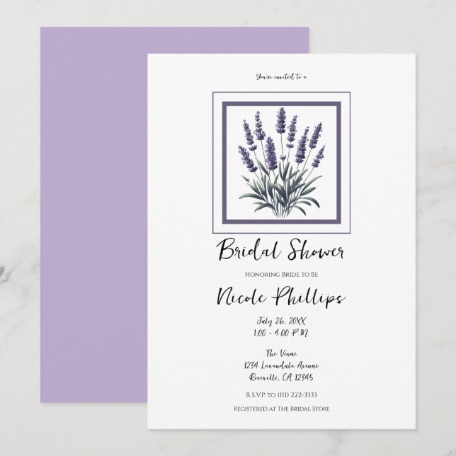Invitación Lavandula Lavender Flor Floral Ducha de novia (Anverso / Reverso)