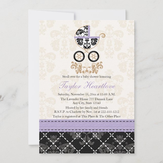 INVITACIÓN LAVANTE NEGRO DAMASK BABY TRANSPORTE BABY SHOWER (Anverso)