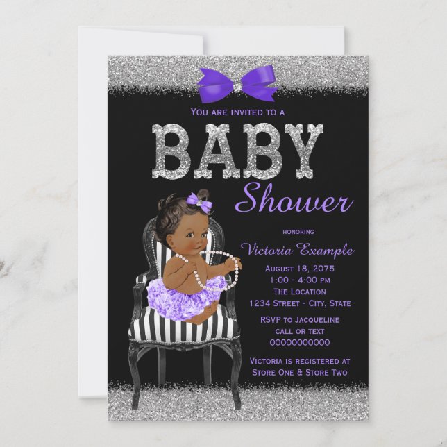 Invitación Lavend Purple Black Silver Ethnic Chica Baby Showe (Anverso)