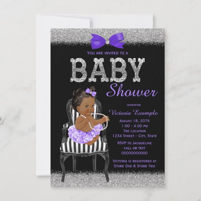 Invitación Lavend Purple Black Silver Ethnic Chica Baby Showe (Anverso)