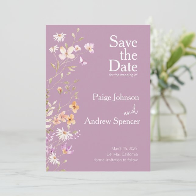 Invitación Lavendar la boda de los Flores Silvestres Salva la (Anverso de pie)