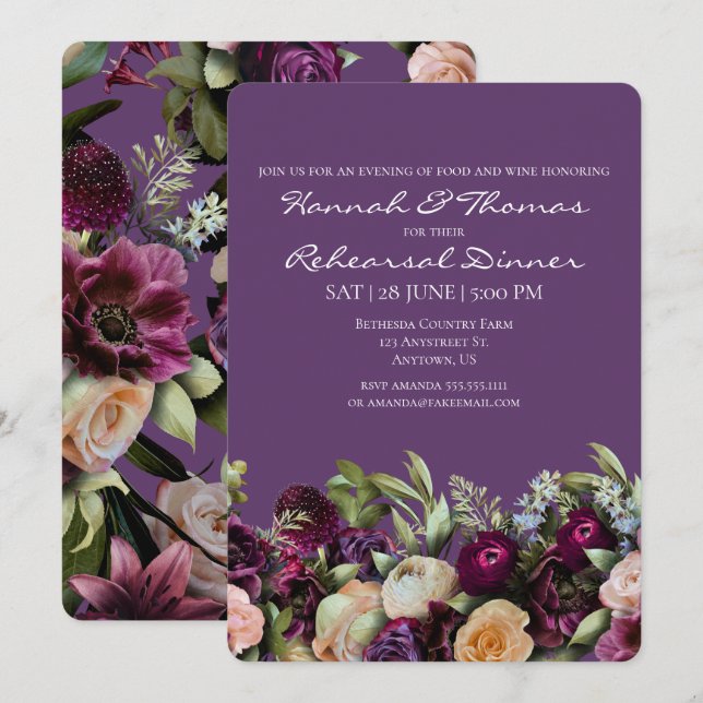 Invitación Lavendar Purple Elegante Ensayo Floral Cena (Anverso / Reverso)