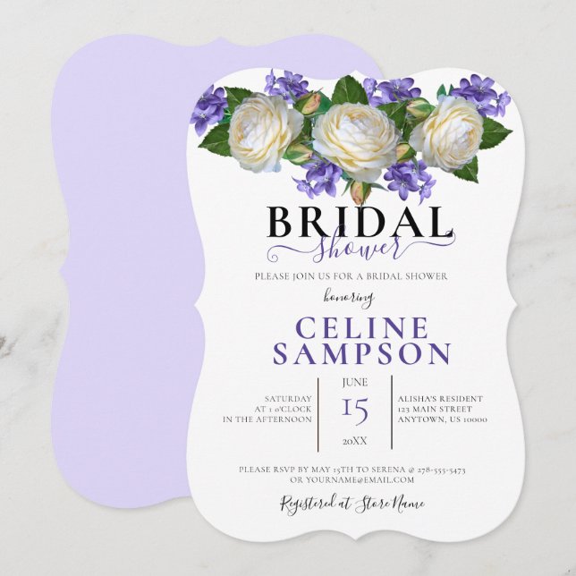 Invitación Lavendar y ducha de novia floral blanca (Anverso / Reverso)