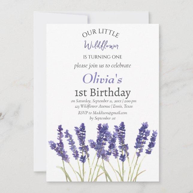 Invitación Lavender 1er primer cumpleaños Chica Purple Floral (Anverso)