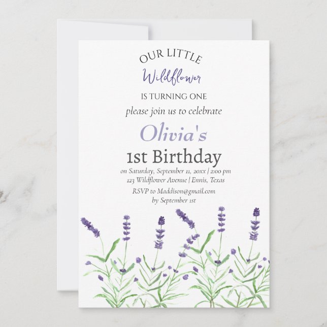 Invitación Lavender 1er primer cumpleaños Chica Purple Floral (Anverso)