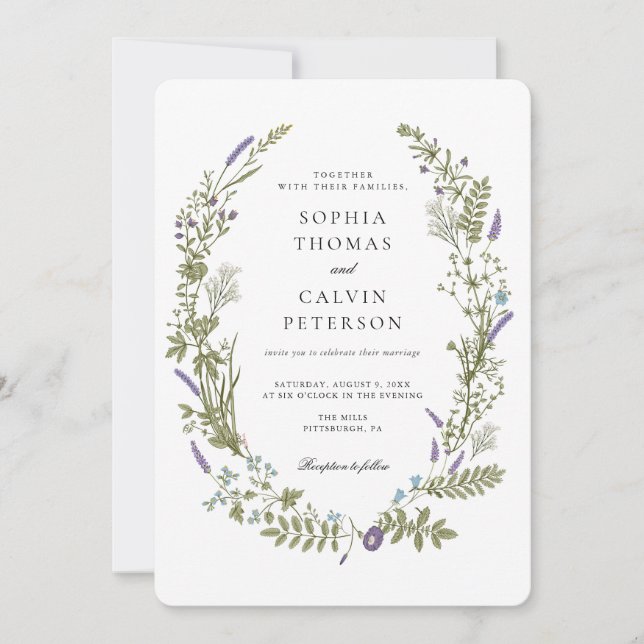 Invitación Lavender and Baby Breath Wildflower Wreath Boda (Anverso)