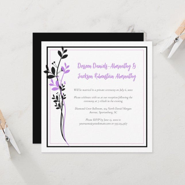 Invitación Lavender and Black Floral Reception Only | (Anverso/Reverso In Situ)