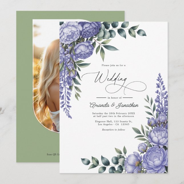 Invitación Lavender and Sage Watercolor Floral Wedding Photo (Anverso / Reverso)