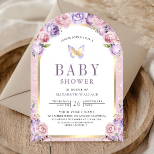 Invitación Lavender Arco floral rosa mariposa Baby Shower