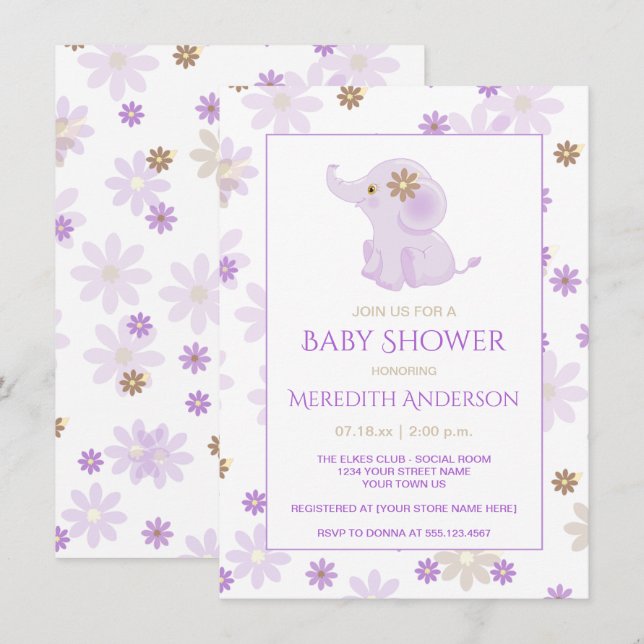 Invitación Lavender Baby Elephant Floral Baby Shower | (Anverso / Reverso)