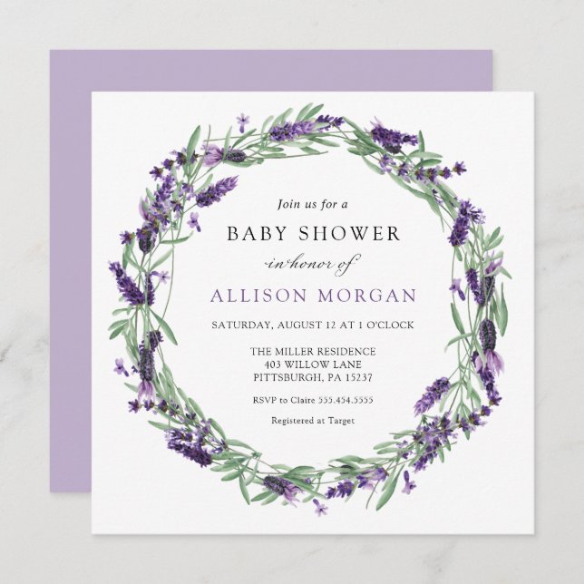 Invitación Lavender Baby Shower (Anverso / Reverso)