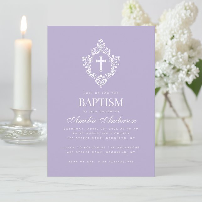 Invitación Lavender Baptism Cross Floral Crest Elegant Purple (Subido por el creador)