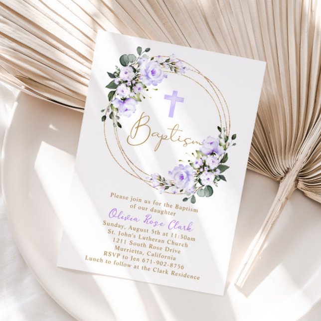 Invitación Lavender Baptismo Floral Cristalización Marco de O (Subido por el creador)