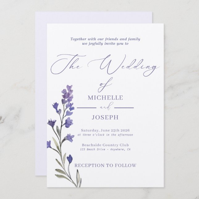 Invitación Lavender Bliss Elegante Boda acuático (Anverso / Reverso)