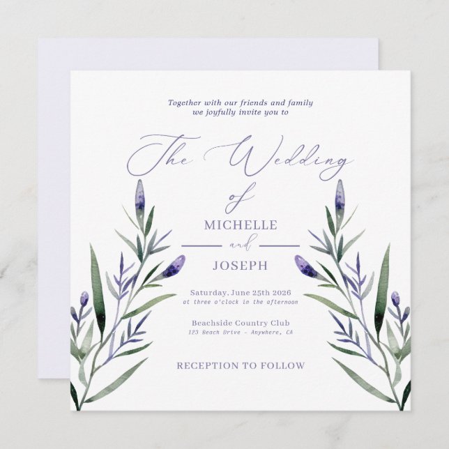 Invitación Lavender Bliss Elegante Boda acuático (Anverso / Reverso)