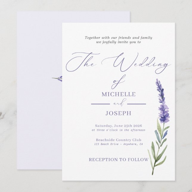 Invitación Lavender Bliss Elegante Boda acuático (Anverso / Reverso)