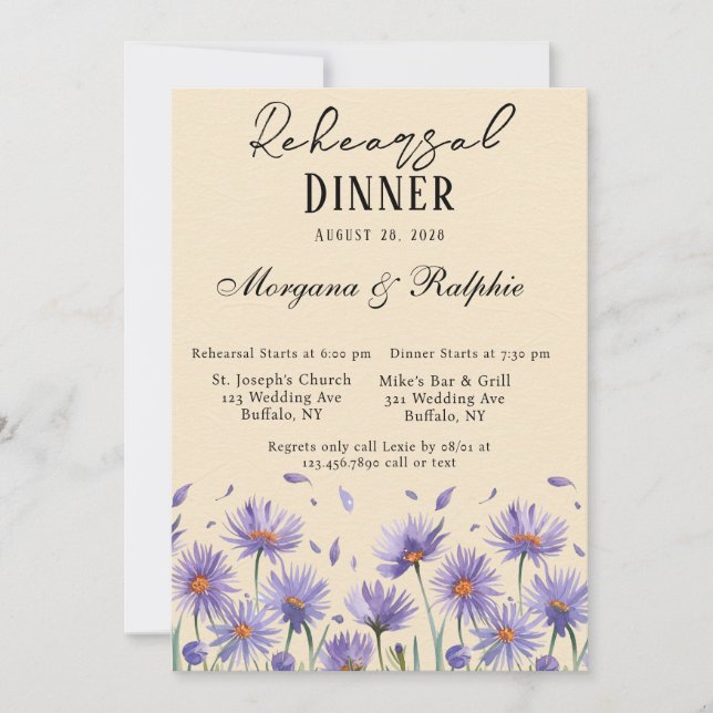 Invitación Lavender Bloom Wildflowers Ensayo de cena (Anverso)