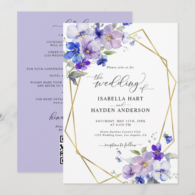 Invitación Lavender Blue Gold Purple All In 1 QR Code Boda (Anverso / Reverso)