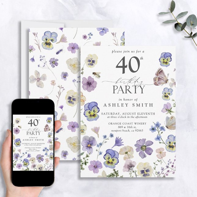 Invitación Lavender Blue Pressed Floral 40 cumpleaños Invitat (Subido por el creador)