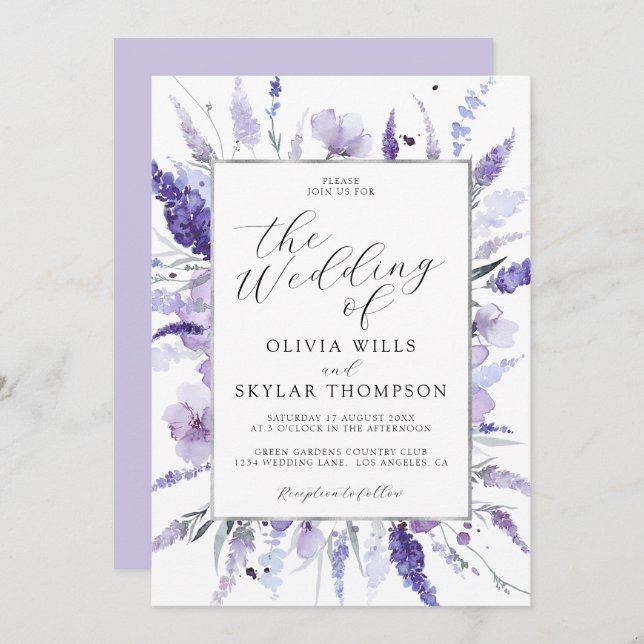 Invitación Lavender Boda Botánico Morado Plata Floral (Anverso / Reverso)