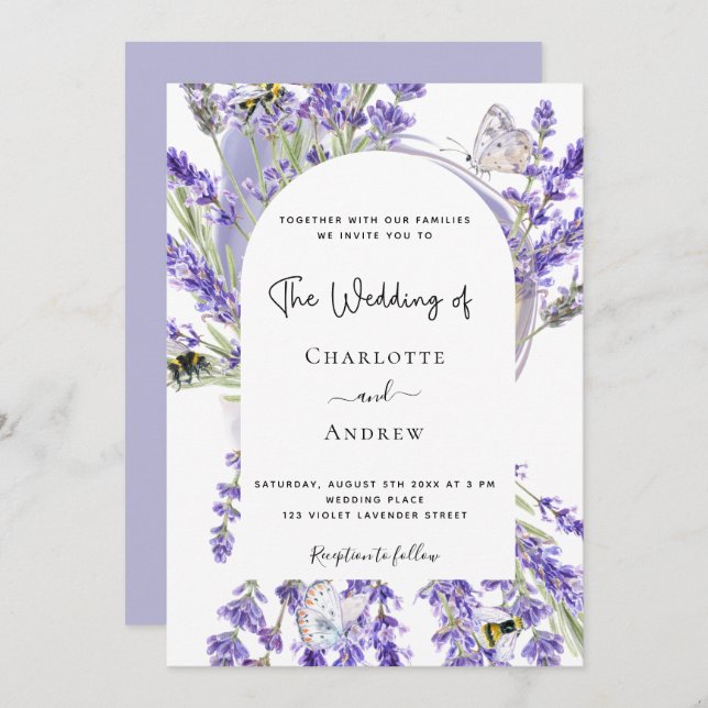 Invitación Lavender boda de escritura blanca con arco floral (Anverso / Reverso)