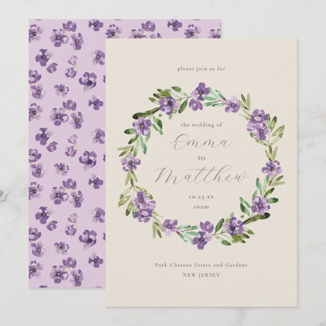 Invitación Lavender Boda de guirnaldas botánicas moradas (Anverso / Reverso)