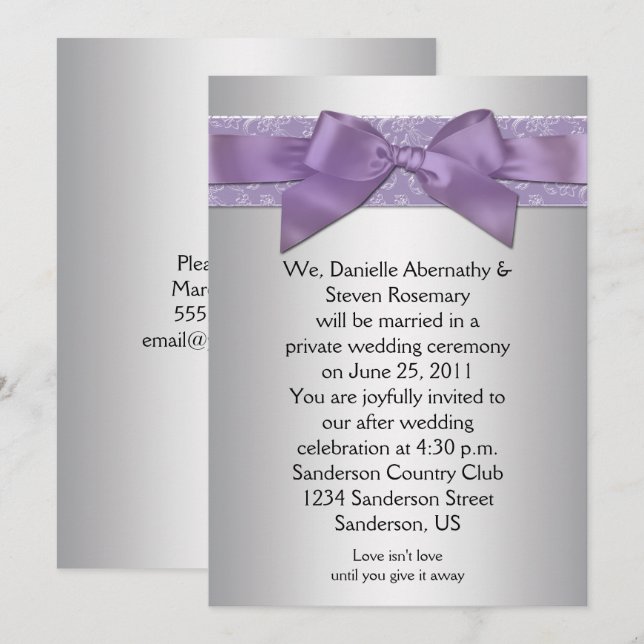 Invitación Lavender Boda de la cinta de la banda de la plata  (Anverso / Reverso)