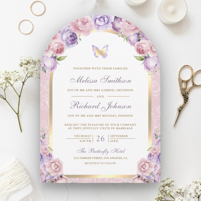 Invitación Lavender Boda de mariposa floral rosada de oro (Subido por el creador)