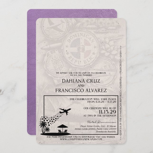 Invitación Lavender Boda de Pasaportes de República Dominican (Anverso / Reverso)