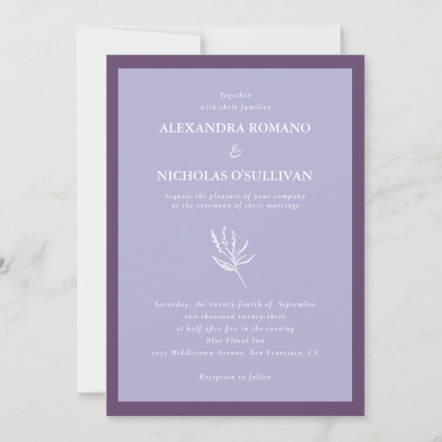 Invitación Lavender Boda floral Minimalista púrpura (Anverso)