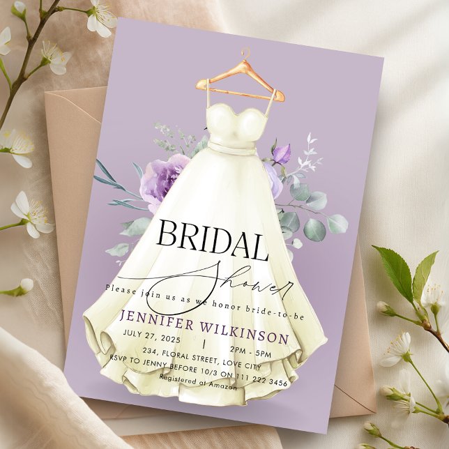 Invitación Lavender Boda vestido vestido vestido vestido vest (Lavender Wedding Gown Dress Bridal Shower Invitation)