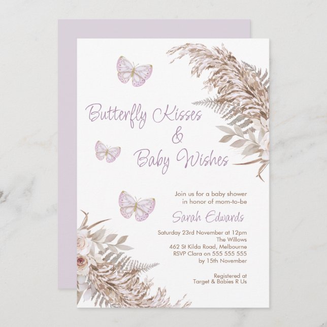 Invitación Lavender Boho Floral Butterfly besa Baby Shower (Anverso / Reverso)