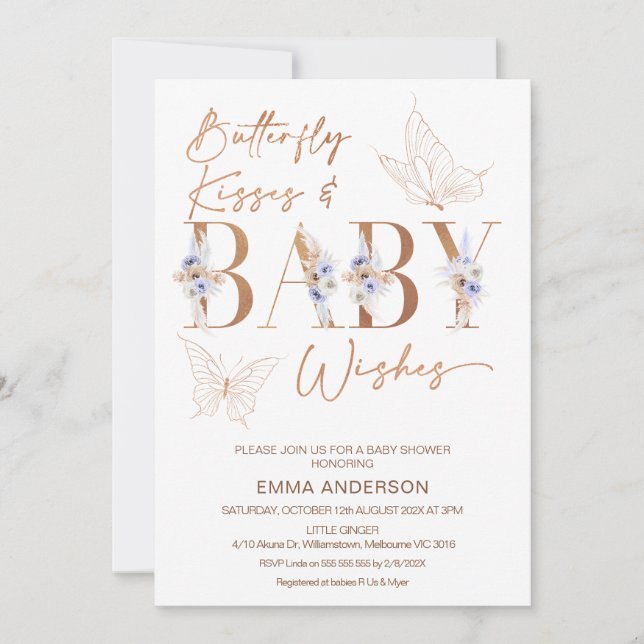 Invitación Lavender Boho Floral Butterfly besa Baby Shower (Anverso)