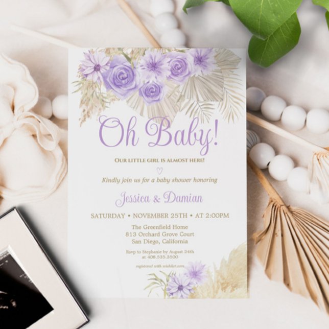Invitación Lavender Boho Pampas Floral Palm Leaf Baby Shower (Subido por el creador)
