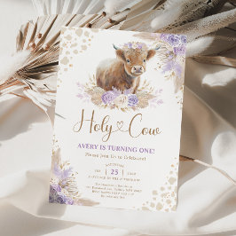 Invitación Lavender Boho Pampas Highland Cow Chica Cumpleaños