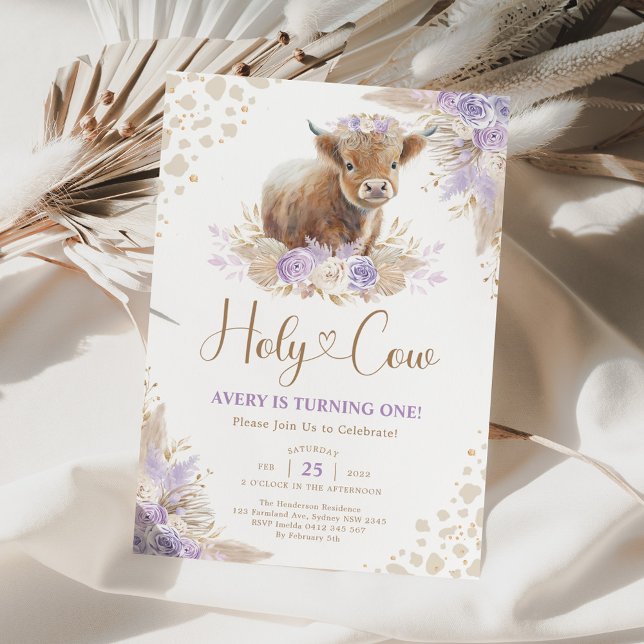 Invitación Lavender Boho Pampas Highland Cow Chica Cumpleaños (Subido por el creador)
